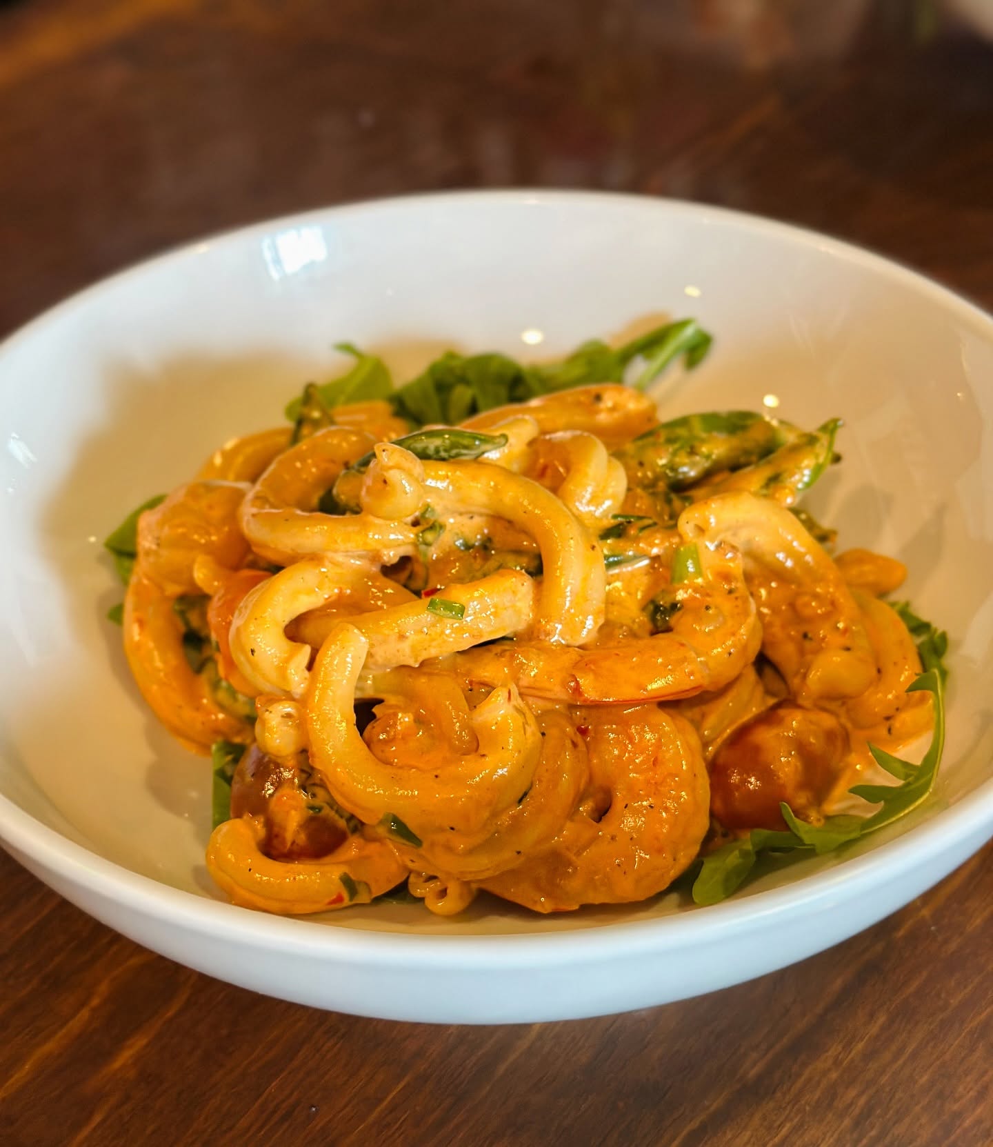 Curly pasta in a tomato cream sauce, on the Trattoria's dark wood table