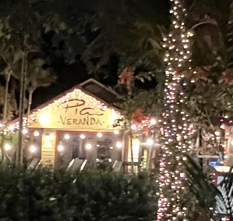 The Veranda's gable wrapped in string lights, seen through the garden at night
