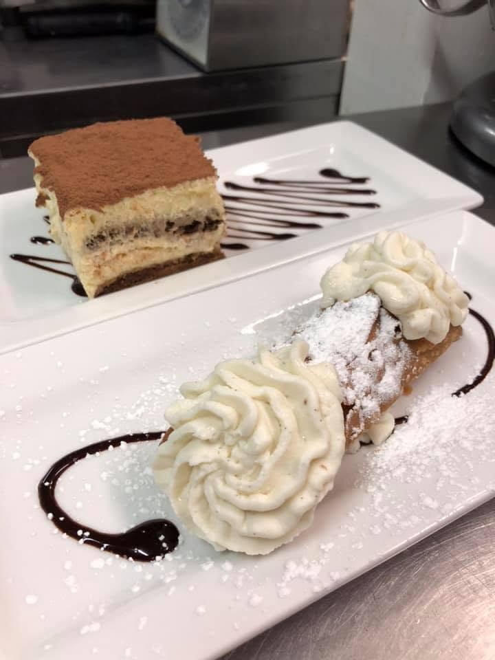 Tiramisu and a cannolo, made in house